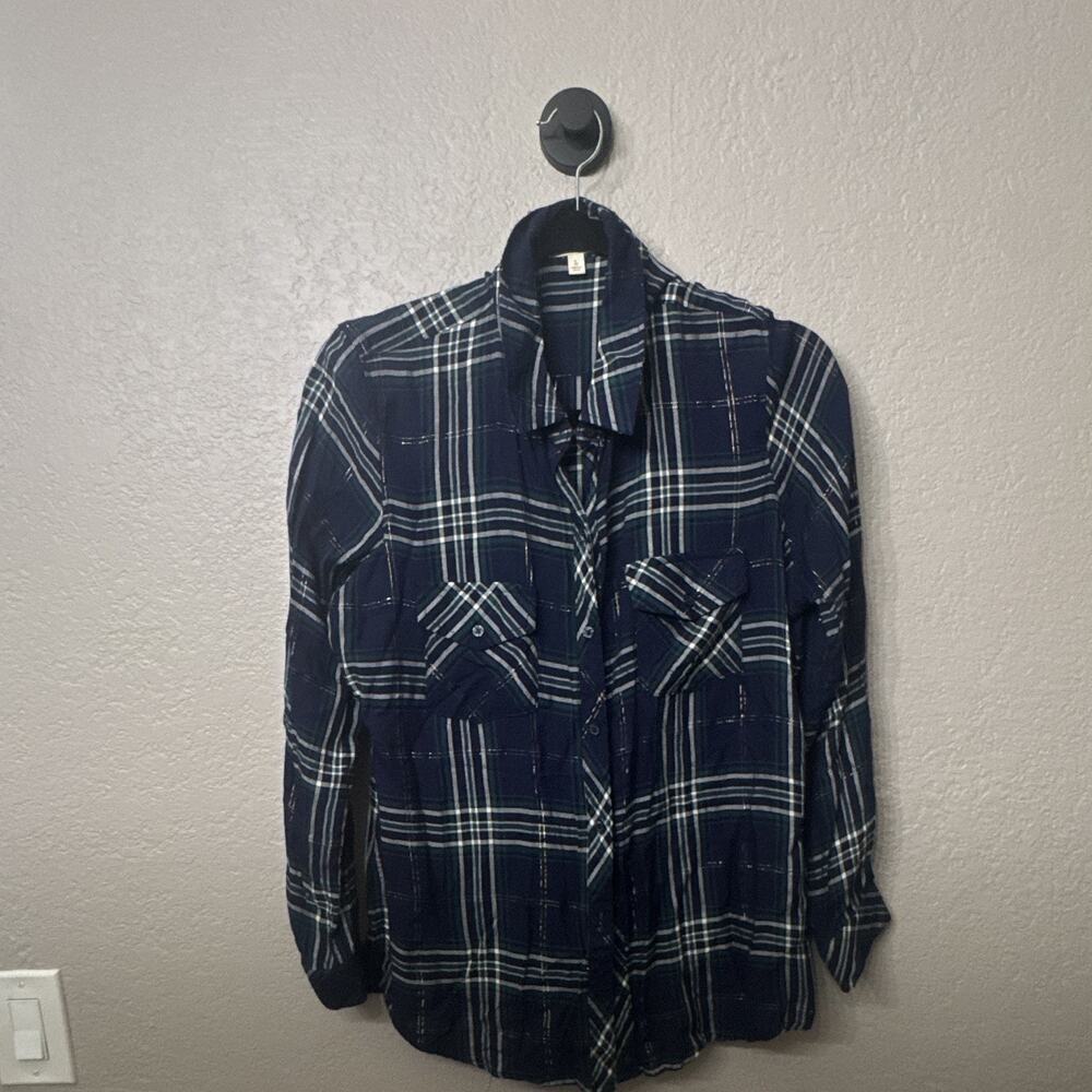 Maison Jules Women”s Blue Plaid Long Sleeve Button-Up Blouse Rayon Size L